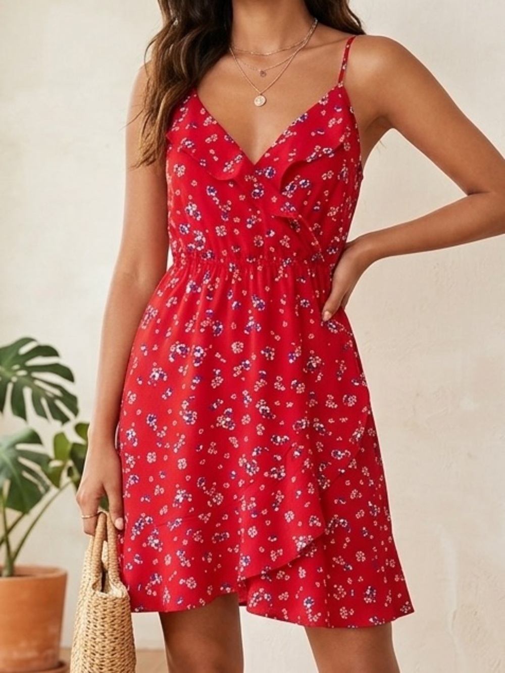 Dex Red Floral Dress With Ruffle Neck
